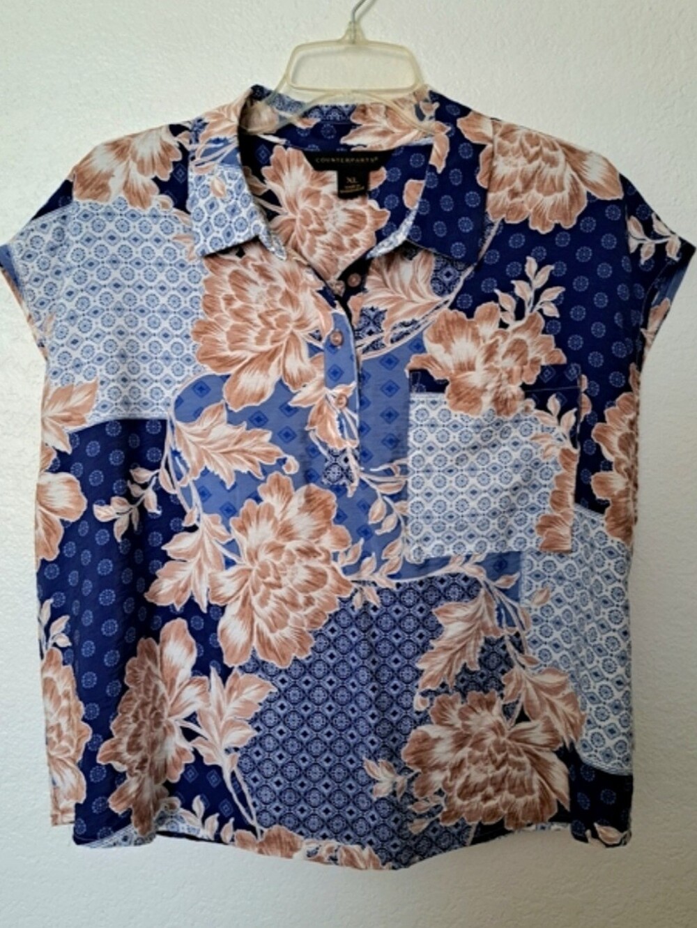 Counterparts Blue Floral Patchwork Top Size XL Rayon Women's New
